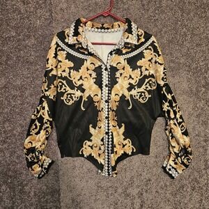 Gold Baroque Print Button Down shirt/jacket Black Long Sleeve Filigree Top Small